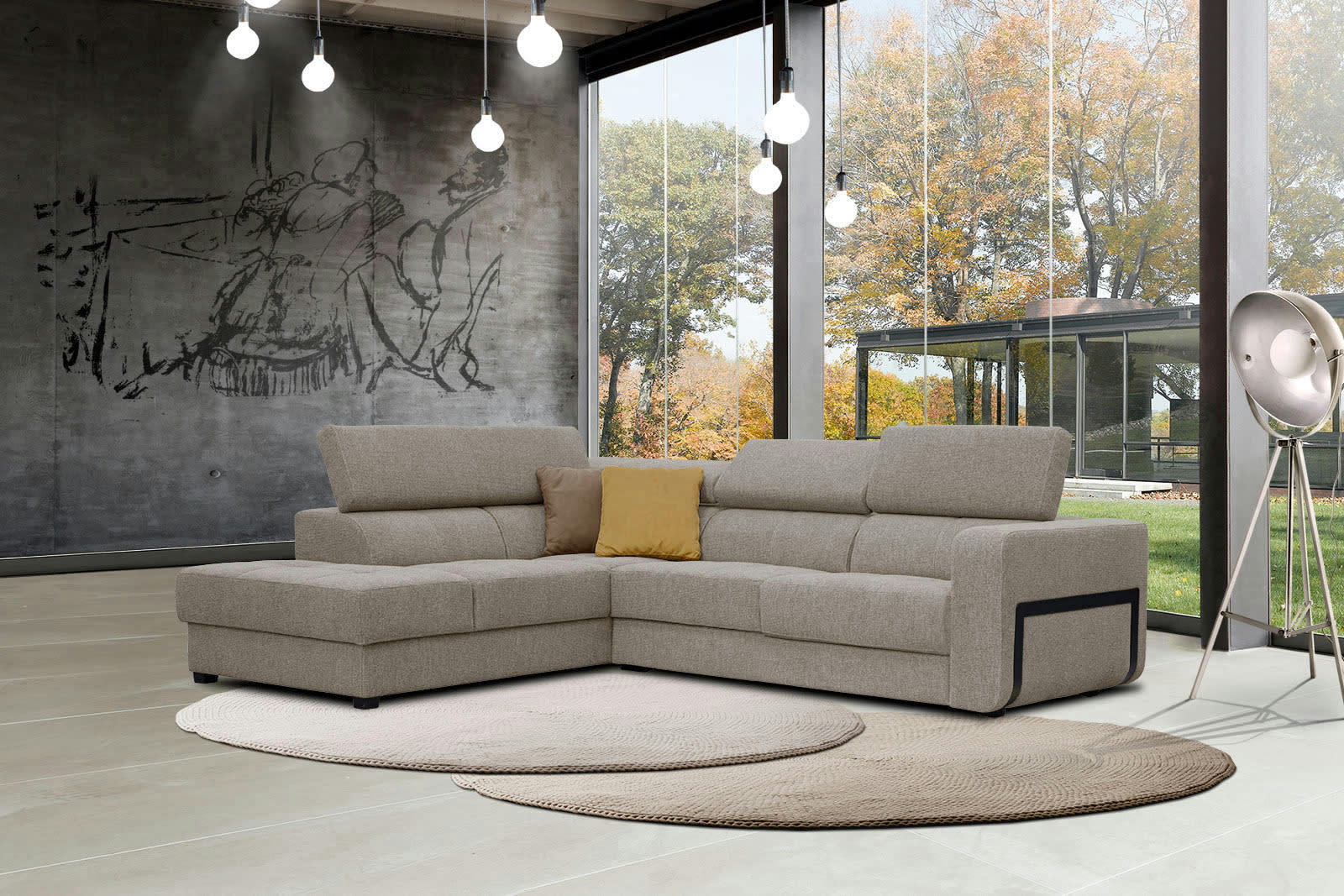 BERGO - Canapé d'angle gauche 5 places en tissu taupe avec coussins déco