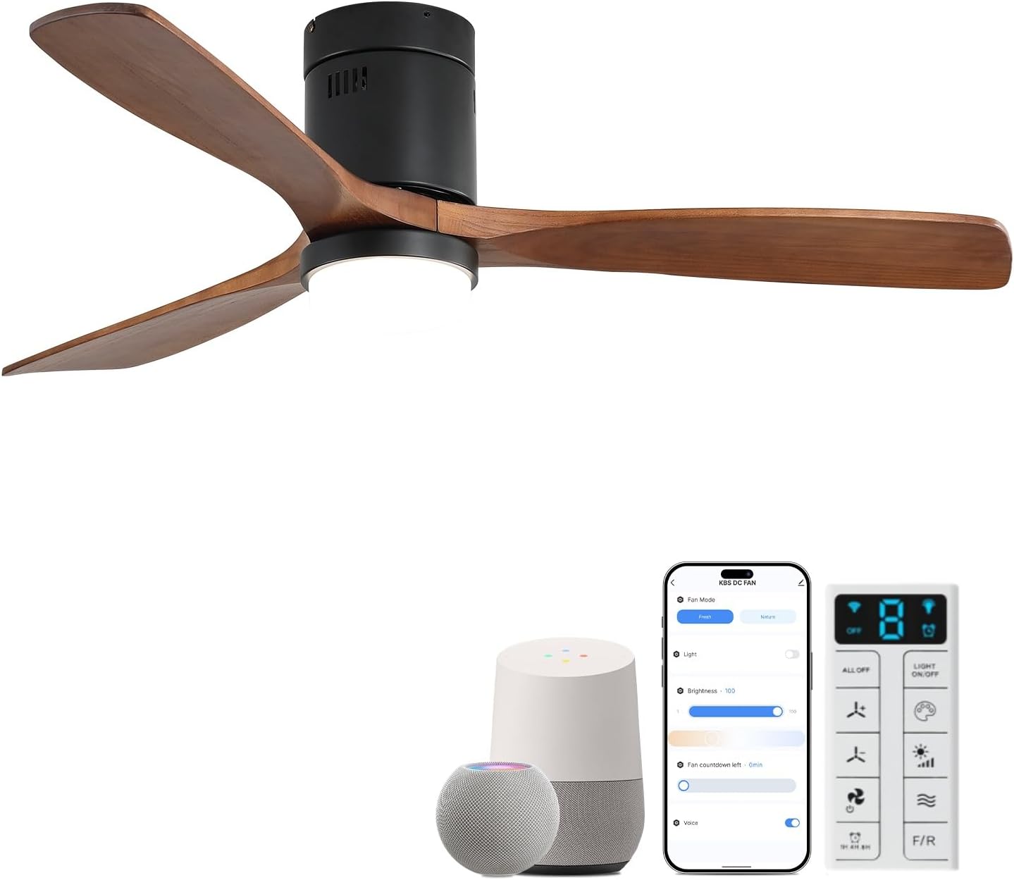 Sofucor 52 Inch Smart Ceiling Fans with Lights-Flush Mount Low Profile Modern Outdoor Solid Wood Ceiling Fans with Alexa/Google Assistant/APP/Remote Control for Bedroom/Farmhouse/Patio, Brown Black