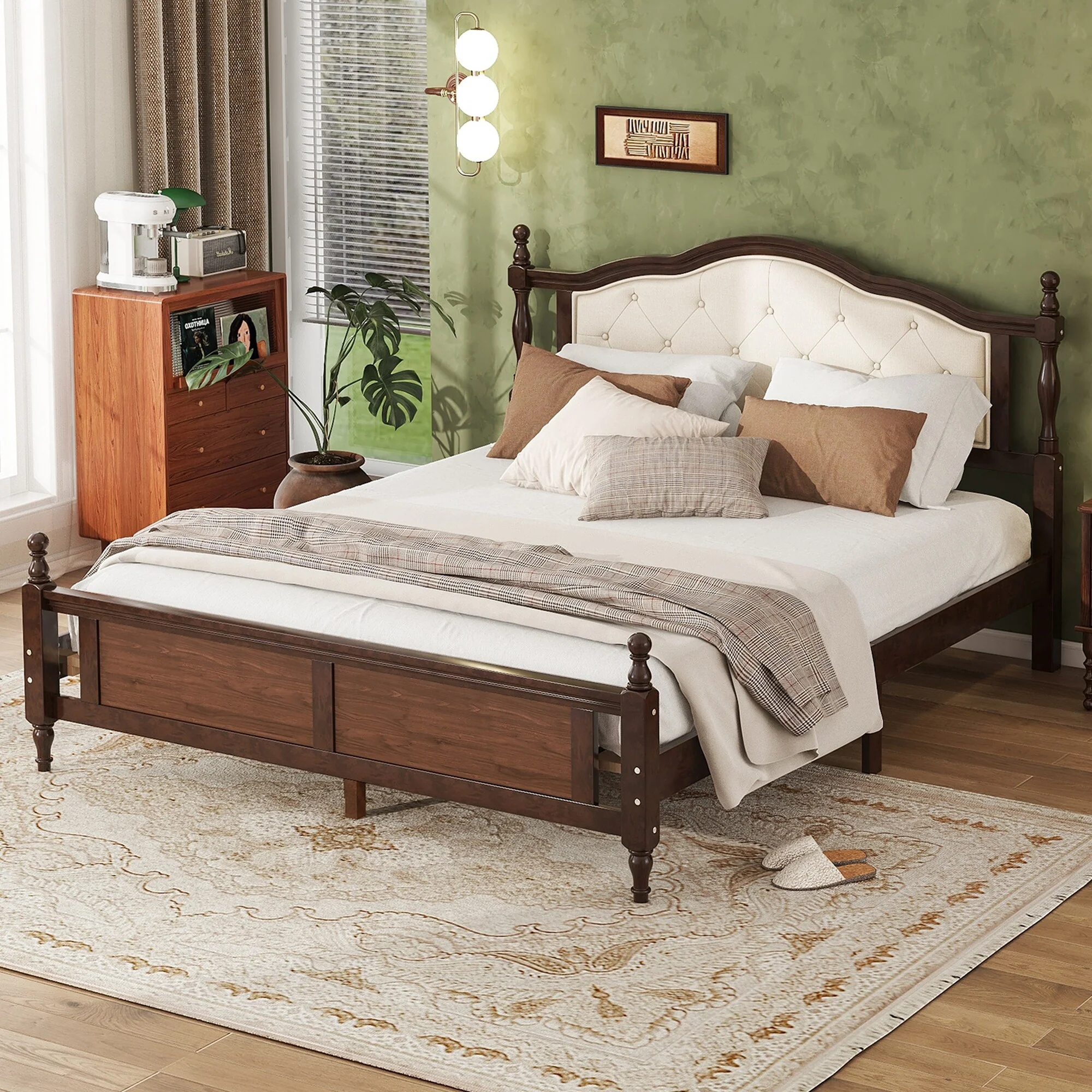 Queen Pine wooden Bed with Upholstered Headboard and Panel Footboard, with Two Bed Rail Support Feet and Central Support Feet