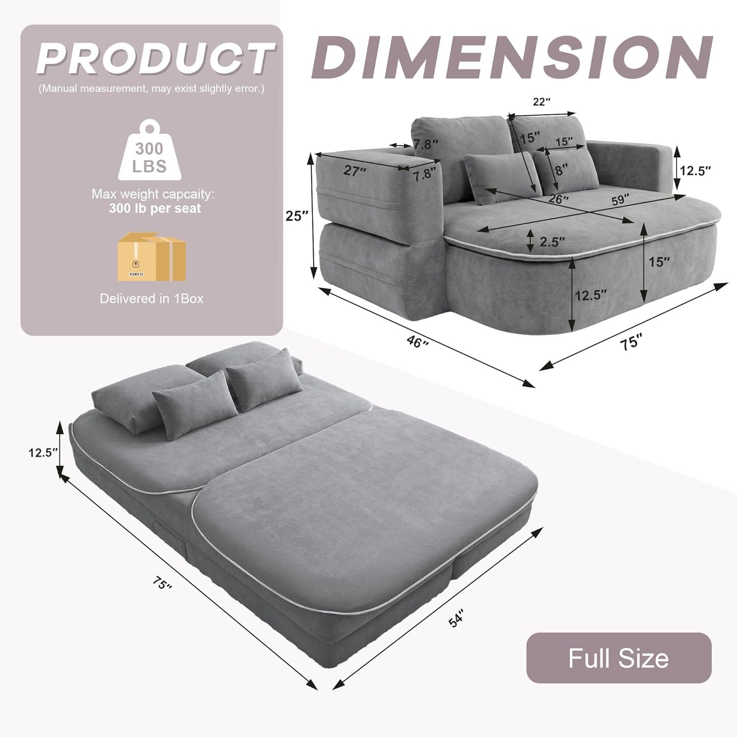 75'' Folding Sleeper Sofa Bed, Convertible Memory Foam Boneless Couch, Foldable Full Size Guest Bed, Modern 2-in-1 Futon Floor Sleeper Sofa with 4 Pillows and Blanket (Chenille, Gray1)