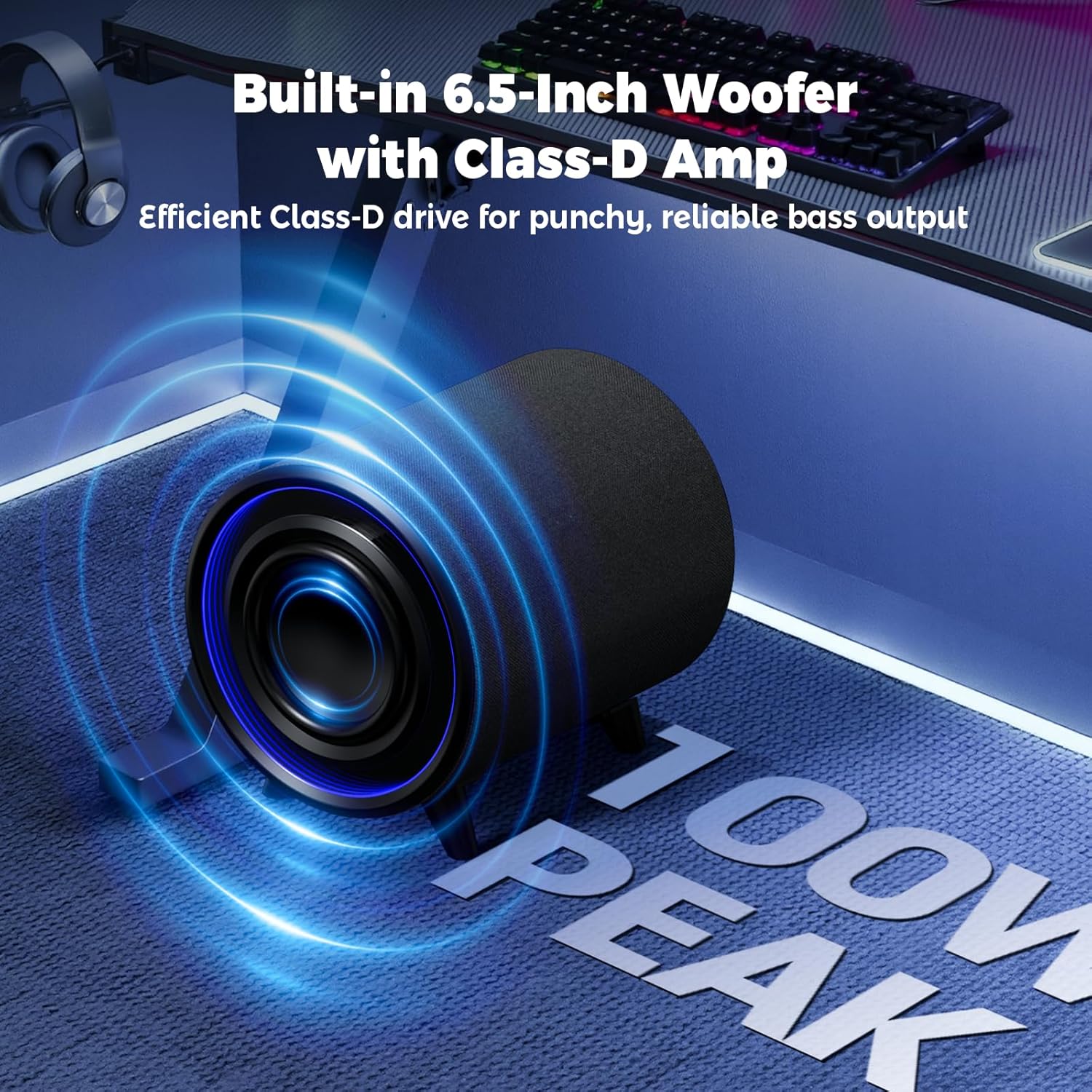 LITTOAK Powered Subwoofer, 100W Peak Sub with DSP, 6.5’’ Subs with Infinity Mirror - 3D Tunnel Light, 6 LED Home Theater Subwoofers, 40Hz-250Hz, Class-D Amp, Low Pass dial, Phase Switch