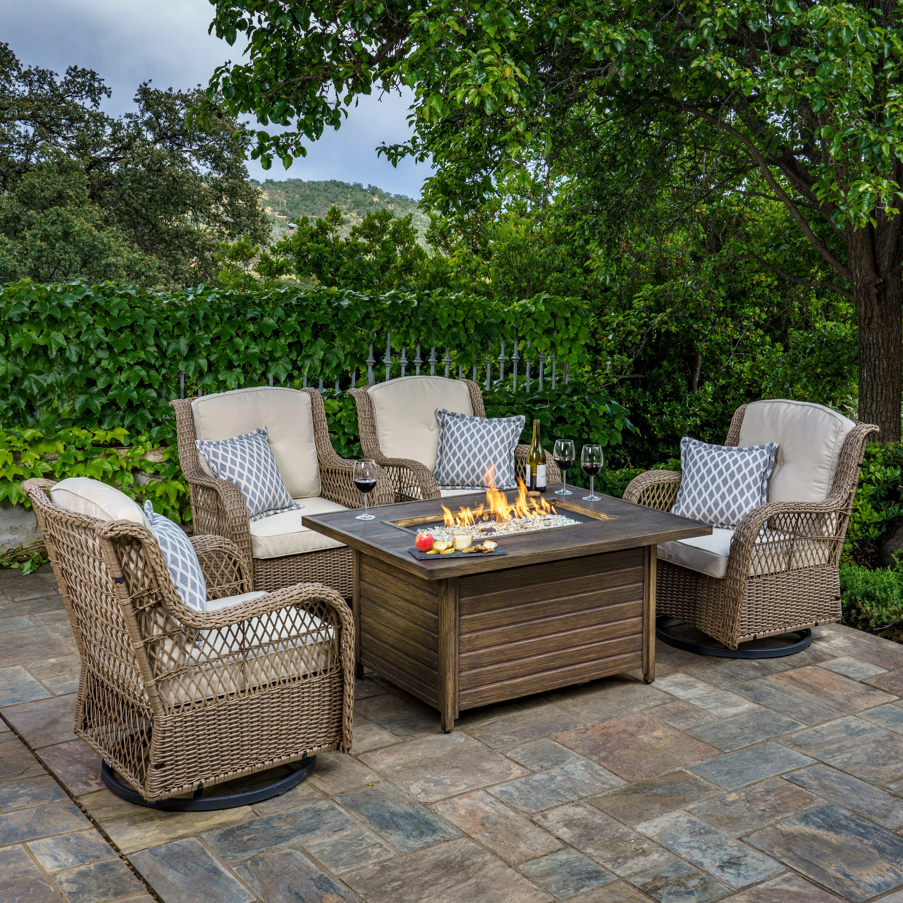 Rio Vista Sandstone Outdoor Wicker Seating Set with Fire Pit Table (5-Piece)