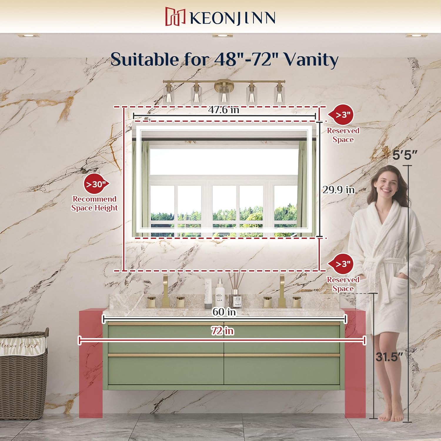 Keonjinn 48 x 30 Lighted Bathroom Mirror, Frontlit & Backlit Frameless LED Mirror, HD Tempered Glass, Quick Defogging, 3 Color Lights, Dimmable, UL-Listed LED Driver, Wall-Mounted Vanity Mirror