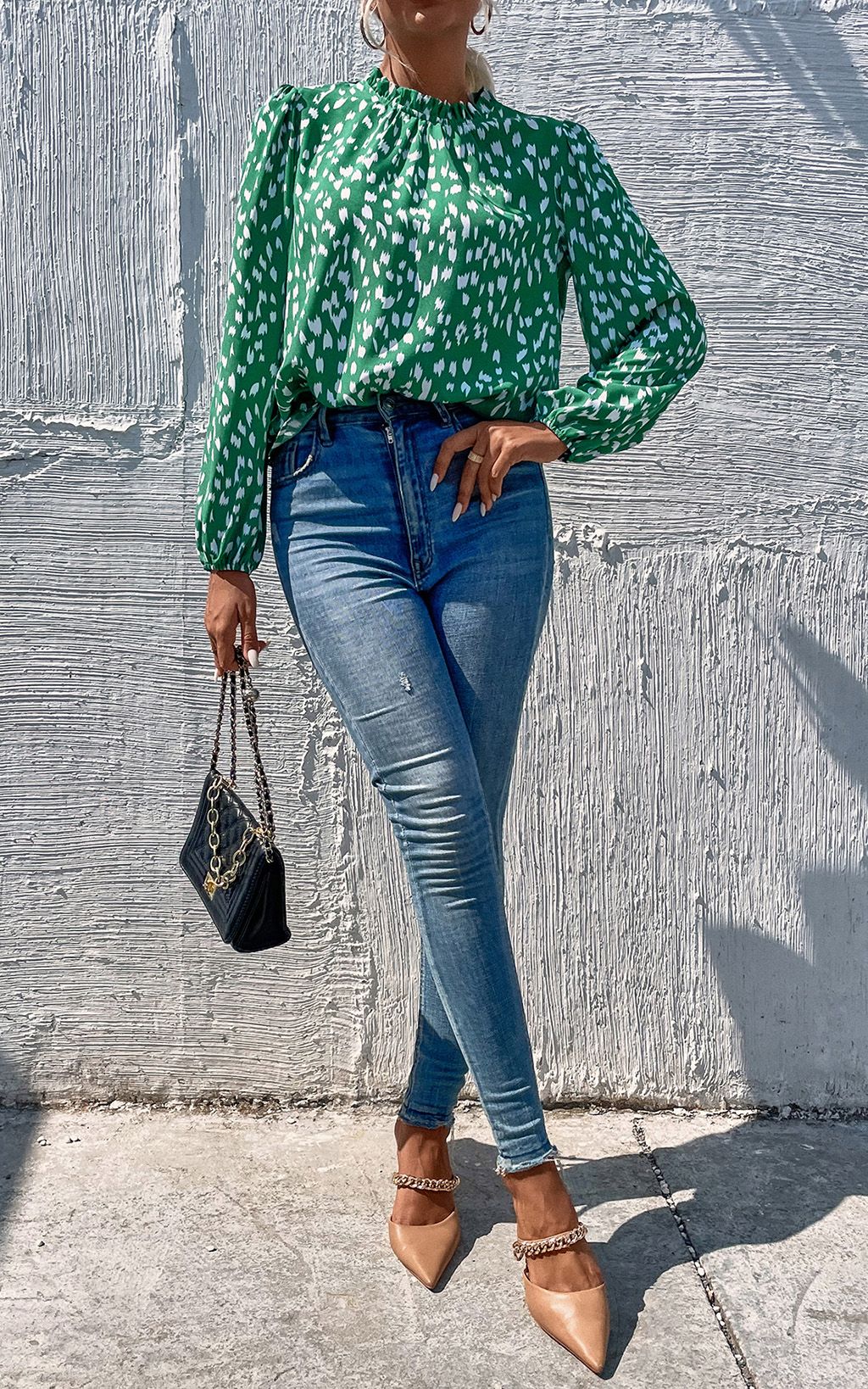 FS Collection Animal Print Frill Detail High Neck Top In Green