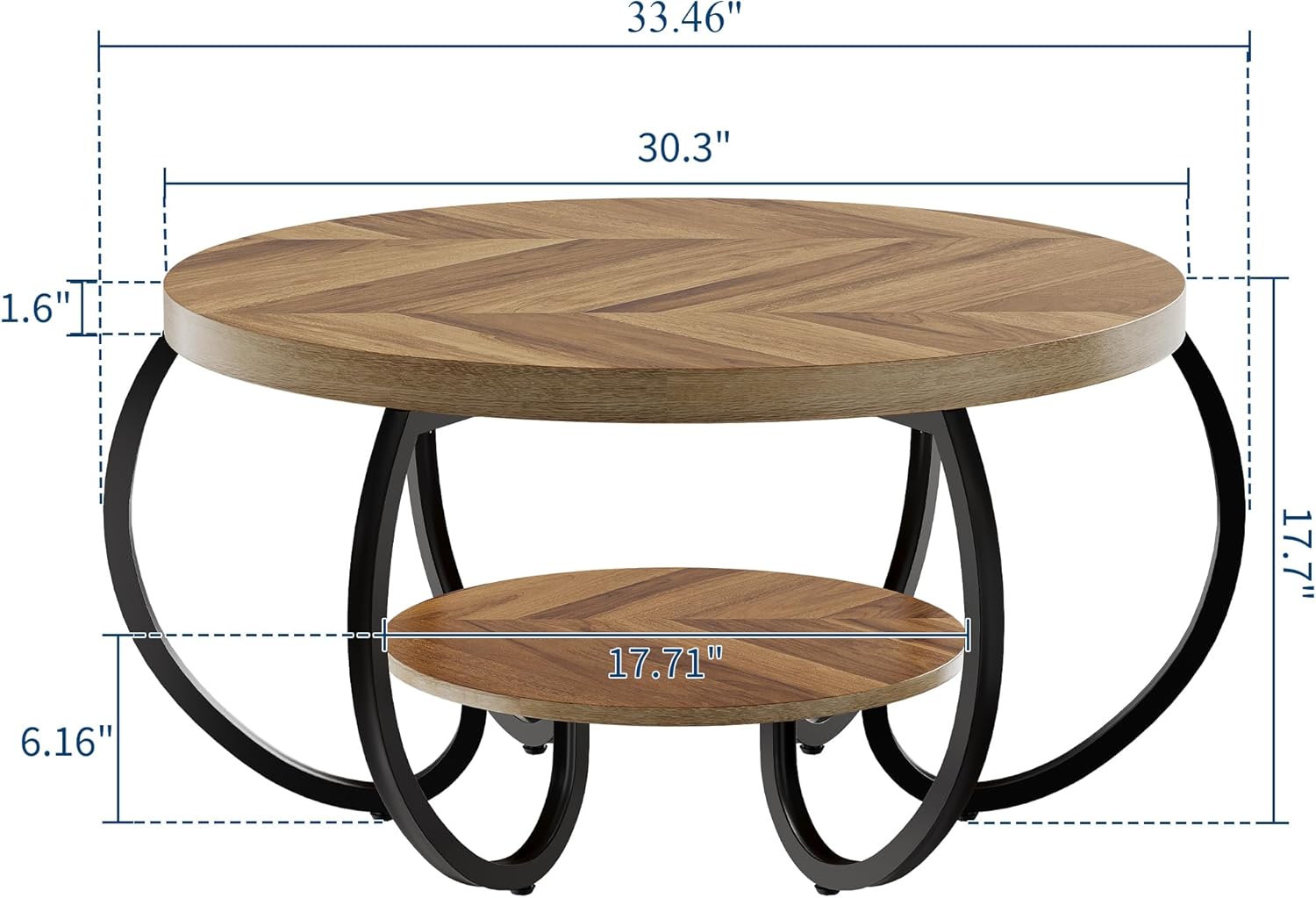 GarveeHome Round Coffee Table 30 in Center Table, 2-Tier Coffee Table Industrial Accent Tables with Adjustable Feet, Living Room Tables with Storage Shelf and Designed Wood Grain, Easy Assemble