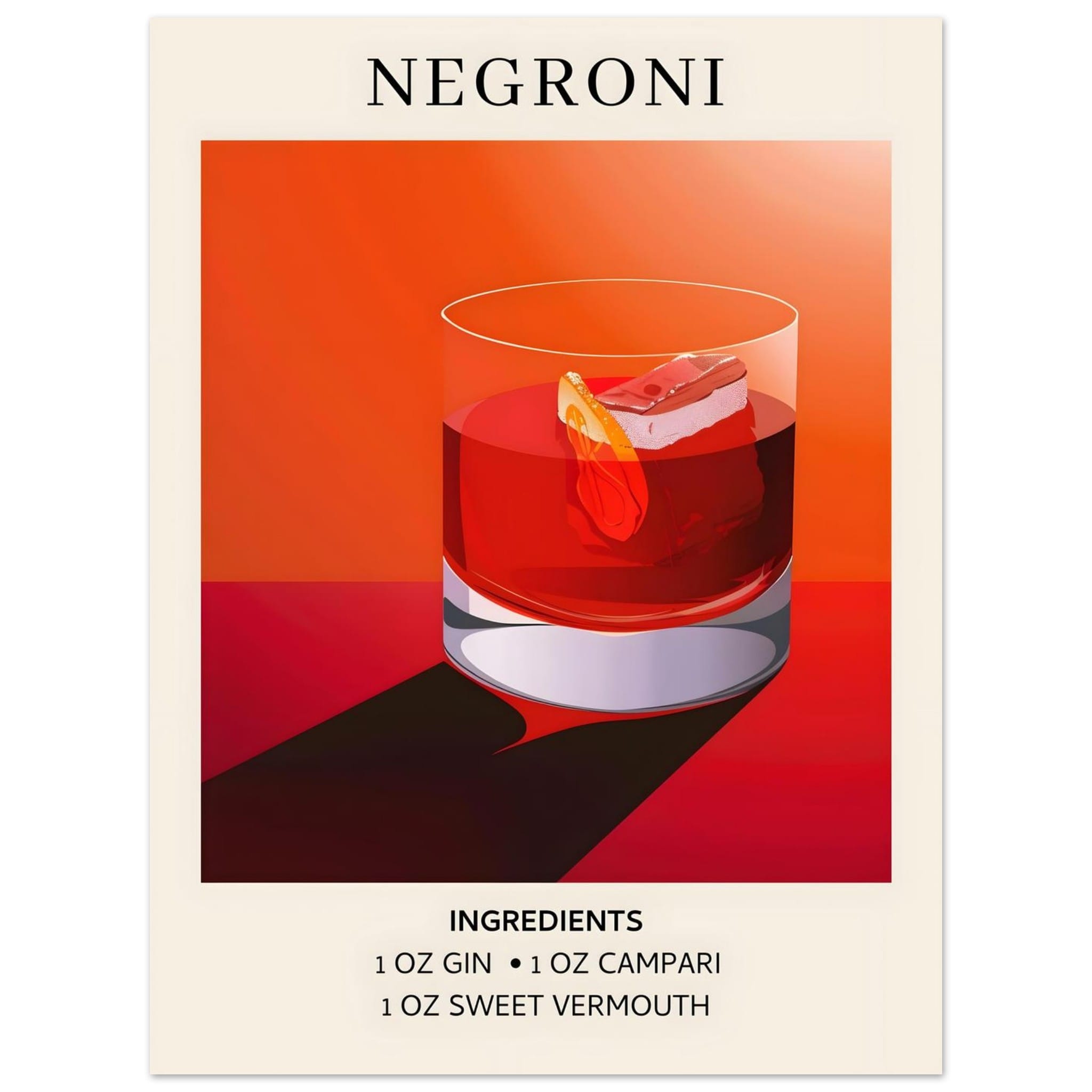 Artfulprints Poster Negroni cocktail - Ingrediënten  - 30x40 cm - Rood