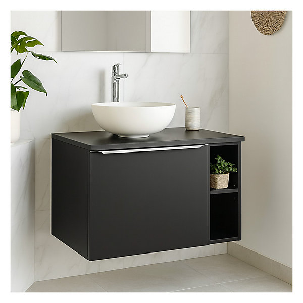 Ensemble de salle de bain VANTA : meubles sous vasque 80cm et plan pour vasque et 1 vasque blanche à poser
