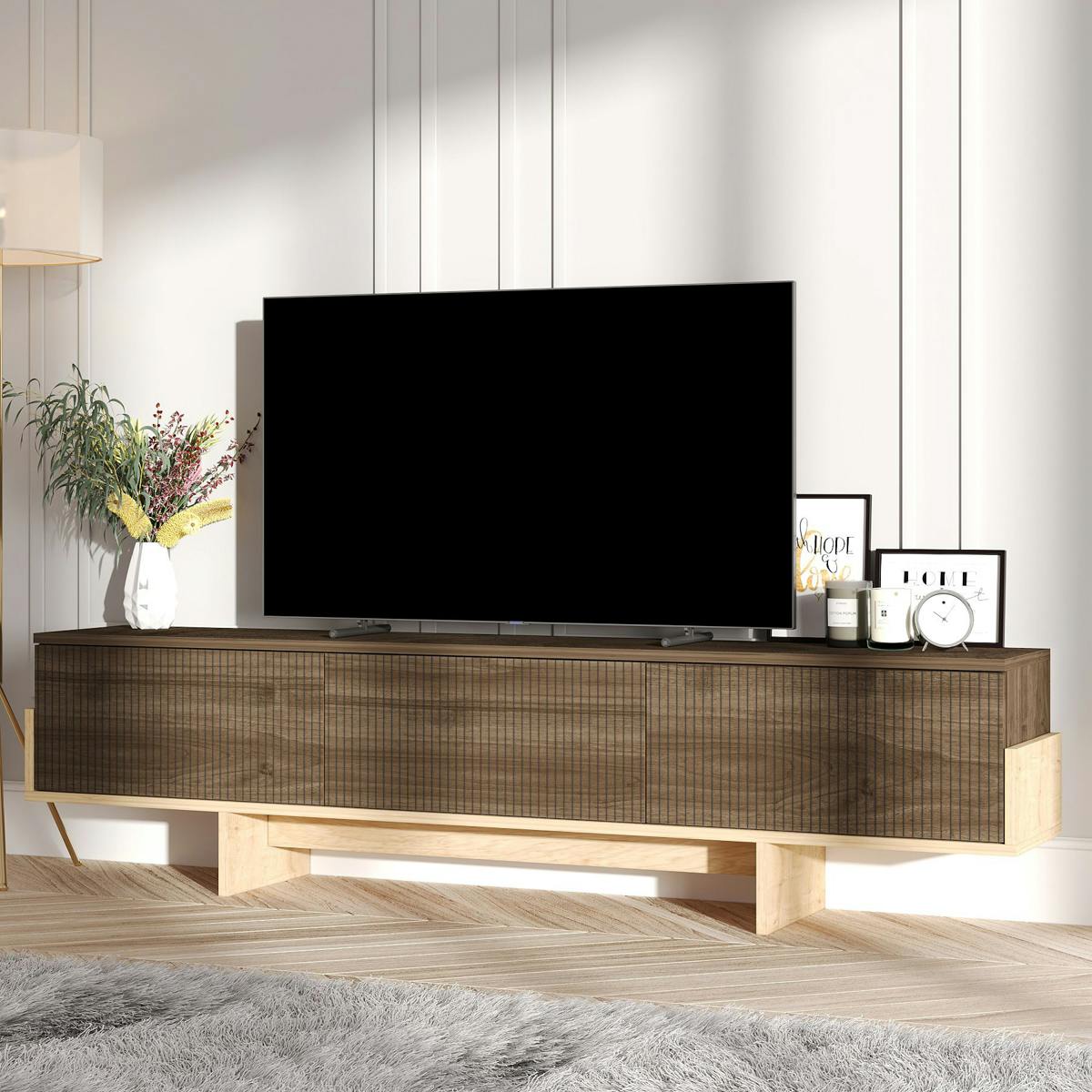 Meuble TV design 3 portes striées effet bois foncé cadre clair MARFA