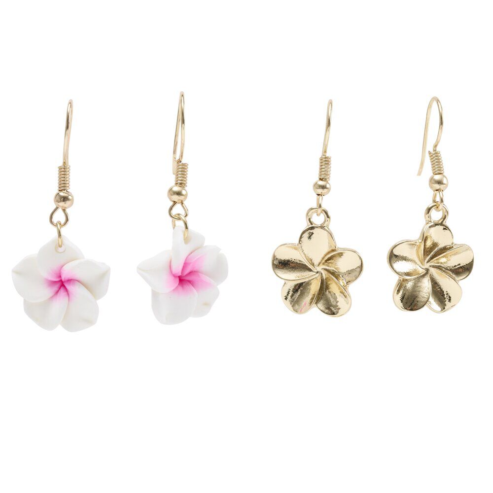 Boucles d'oreilles 2 paires fleur de tiaré rose et blanc métal doré L2,5cm