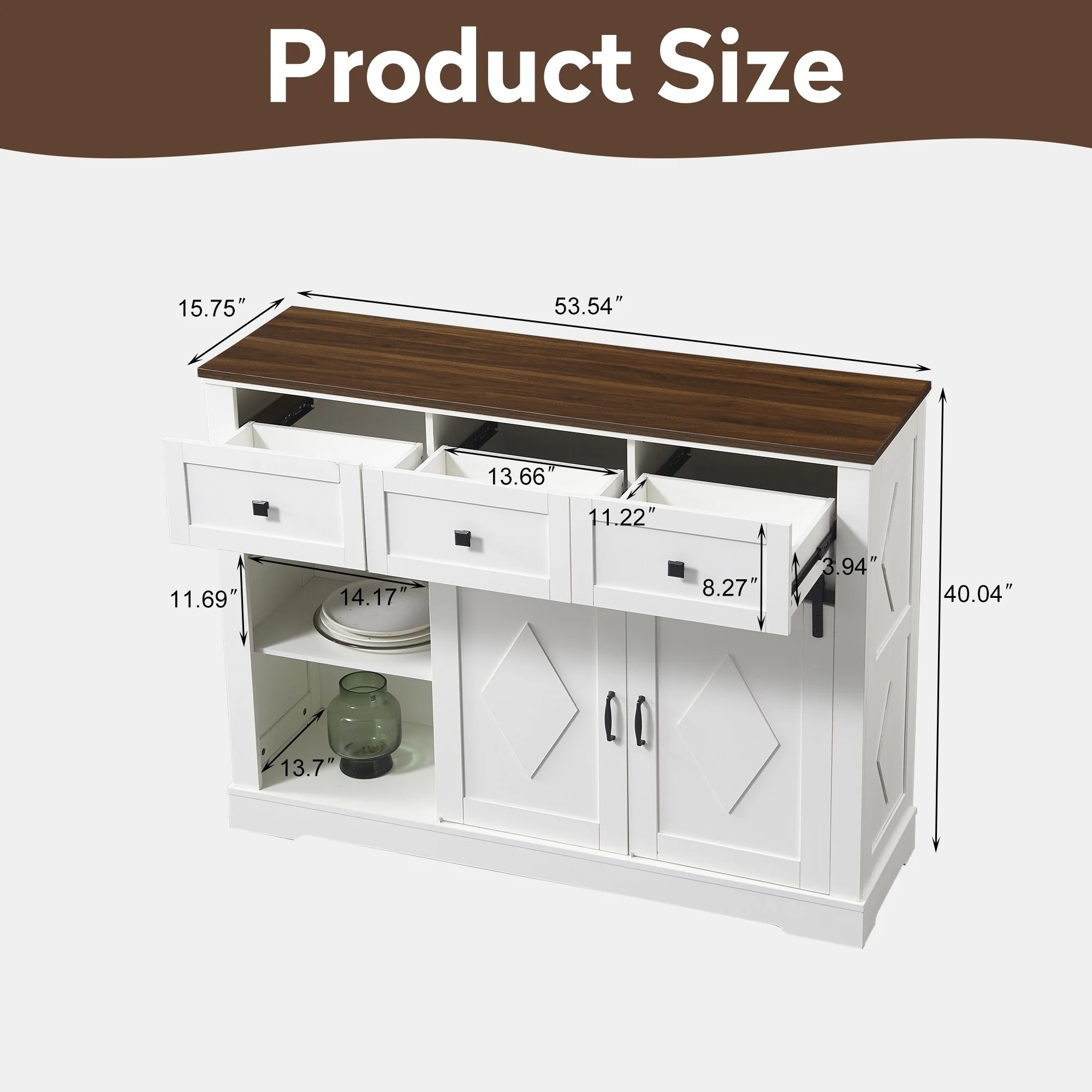 Farmhouse Buffet Cabinet with Sliding Barn Door, Storage Shelves and 3 Drawers