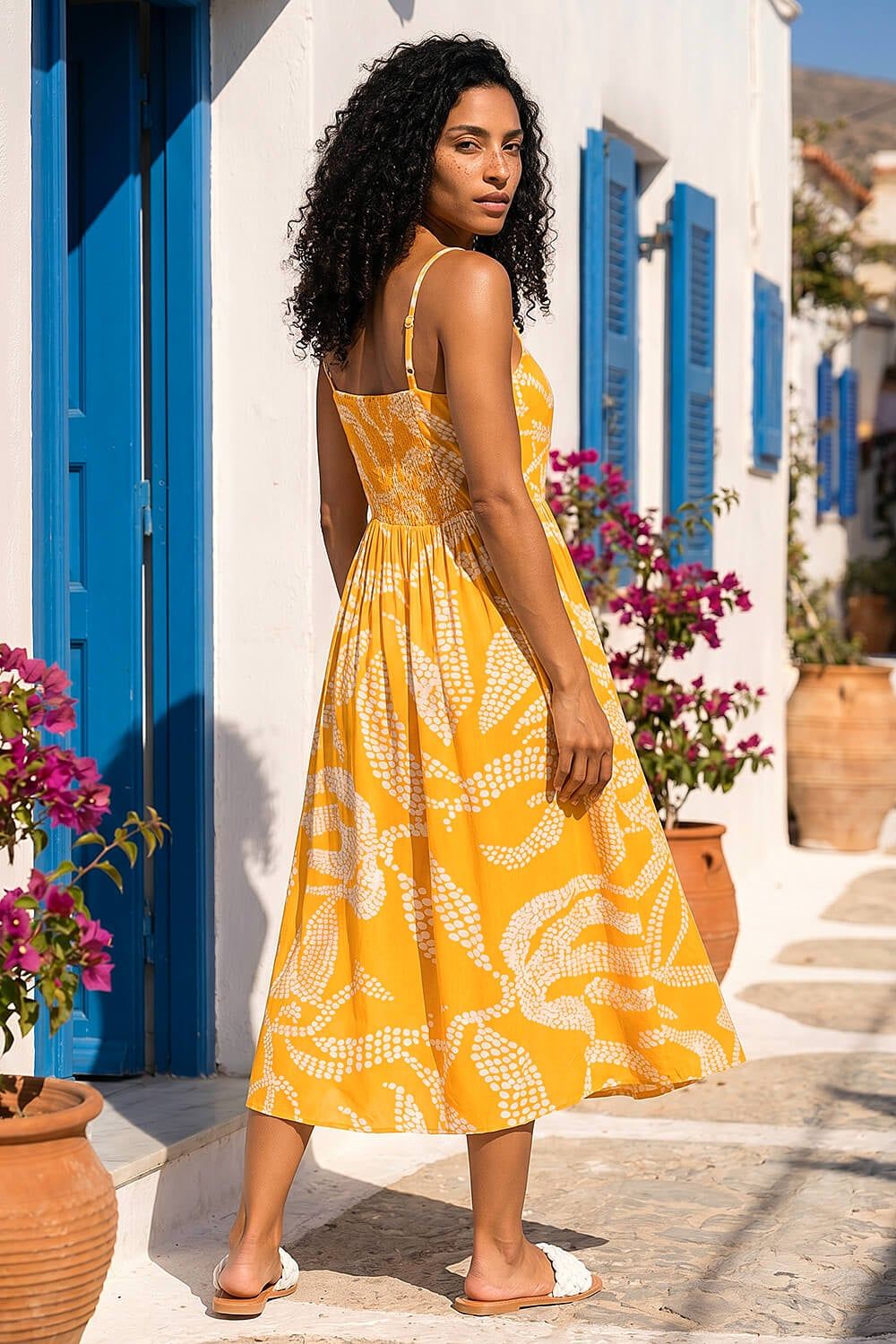 Roman Leaf Print Strap Midi Dress