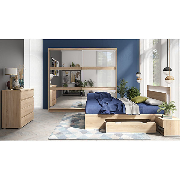 Lit NOFI 140 x 200 cm avec sommier et 2 tiroirs de rangement - coloris chene sonoma
