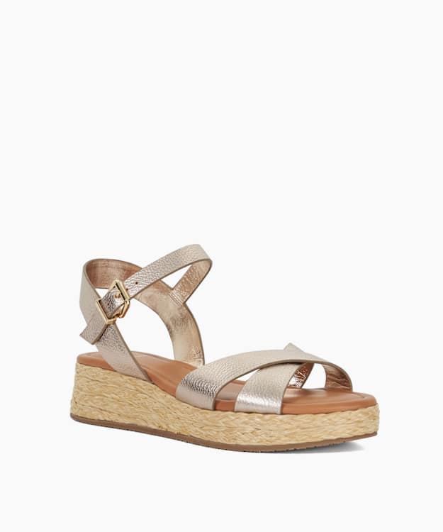 Littleton Gold - Wide Fit Leather Raffia Flatform Sandals