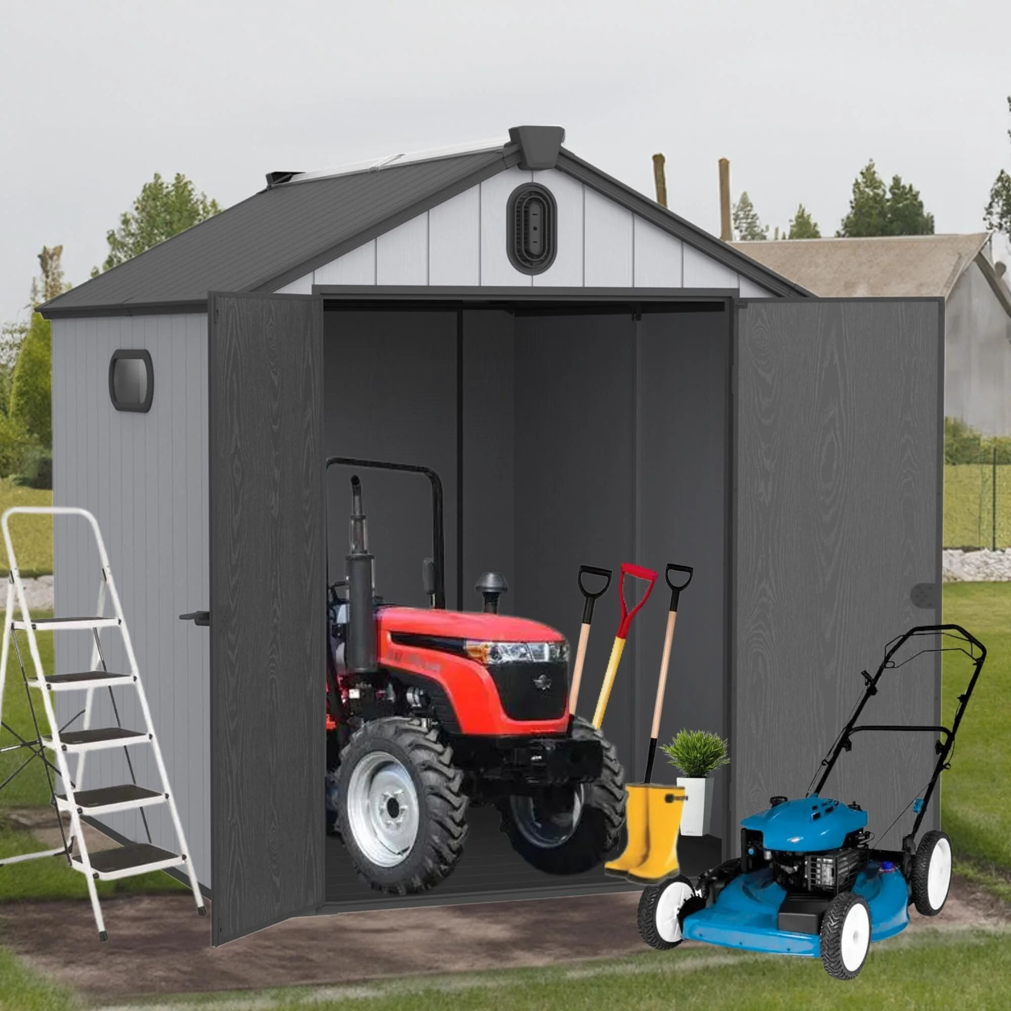 Plastic Outdoor Shed with Double Wall Panels & Rain Gutter Weatherproof Storage Shed, Hinged Double Doors