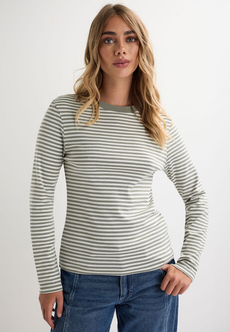 Womens Green Stripe Cotton Long Sleeve Top