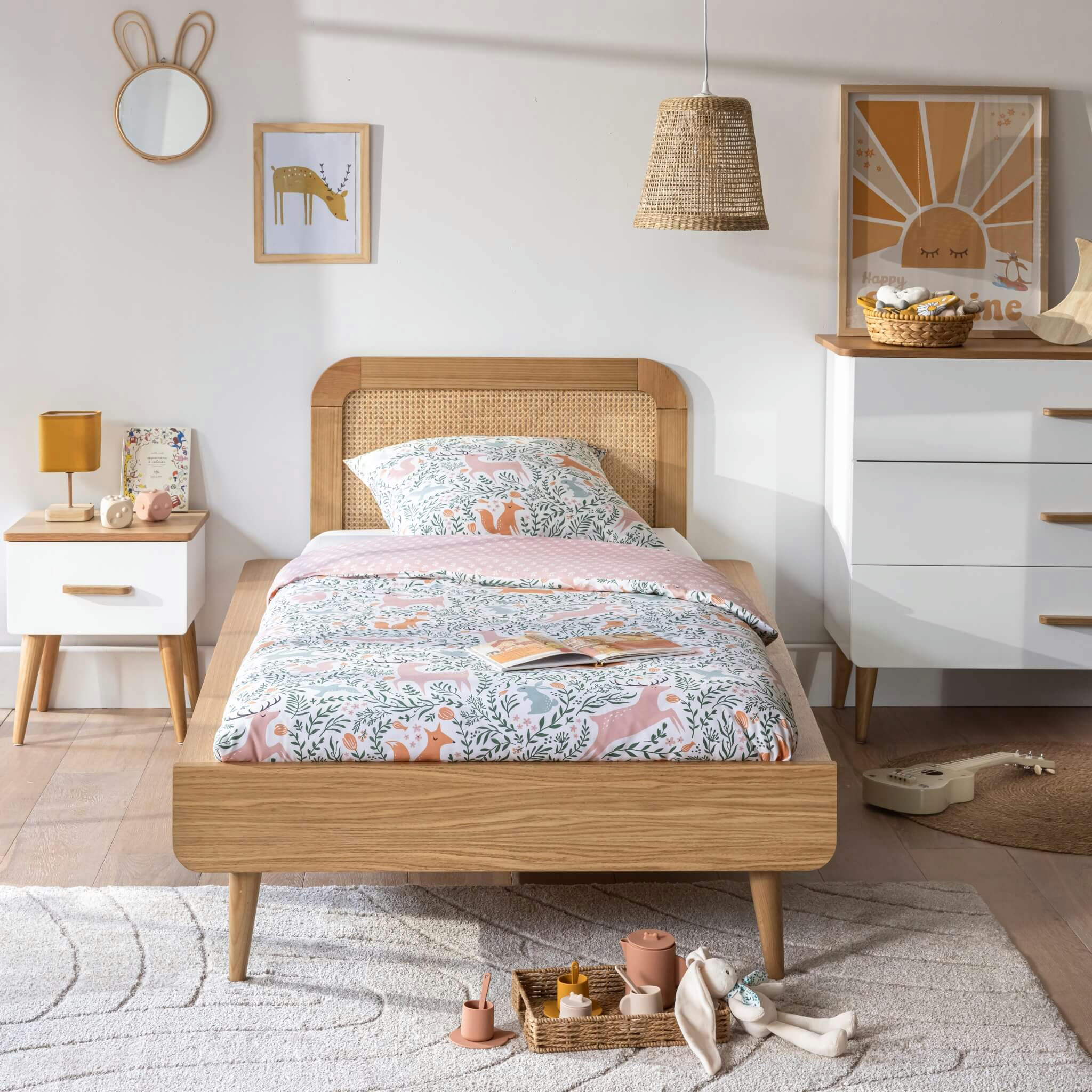 - Ensemble lit 90x190cm en bois naturel et tête de lit 90cm en cannage