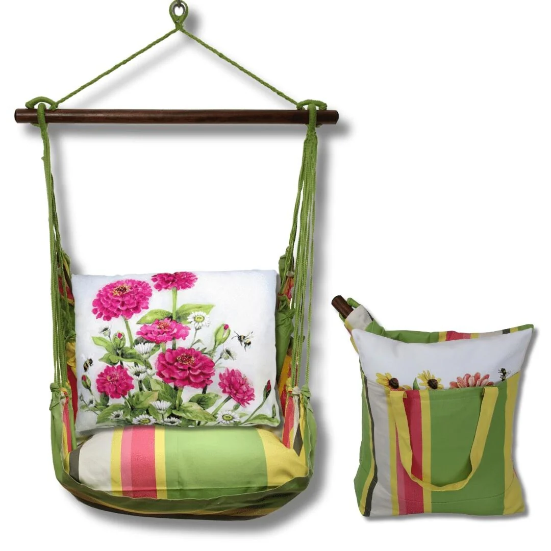 Magnolia Casual Swing Set 4 piece - Fresh Lime Stripe w/ Zinnias Pink