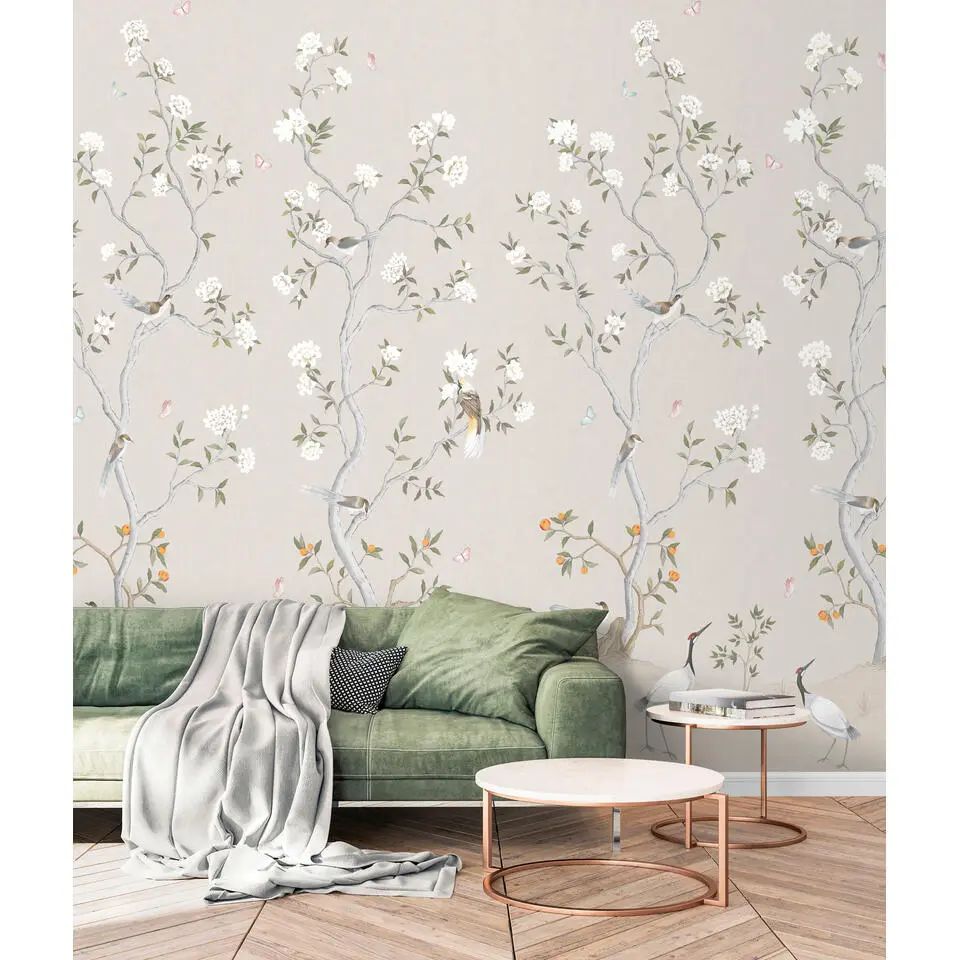 Sanders & Sanders fotobehang bloemen en vogels beige en wit - 159 x 280 cm