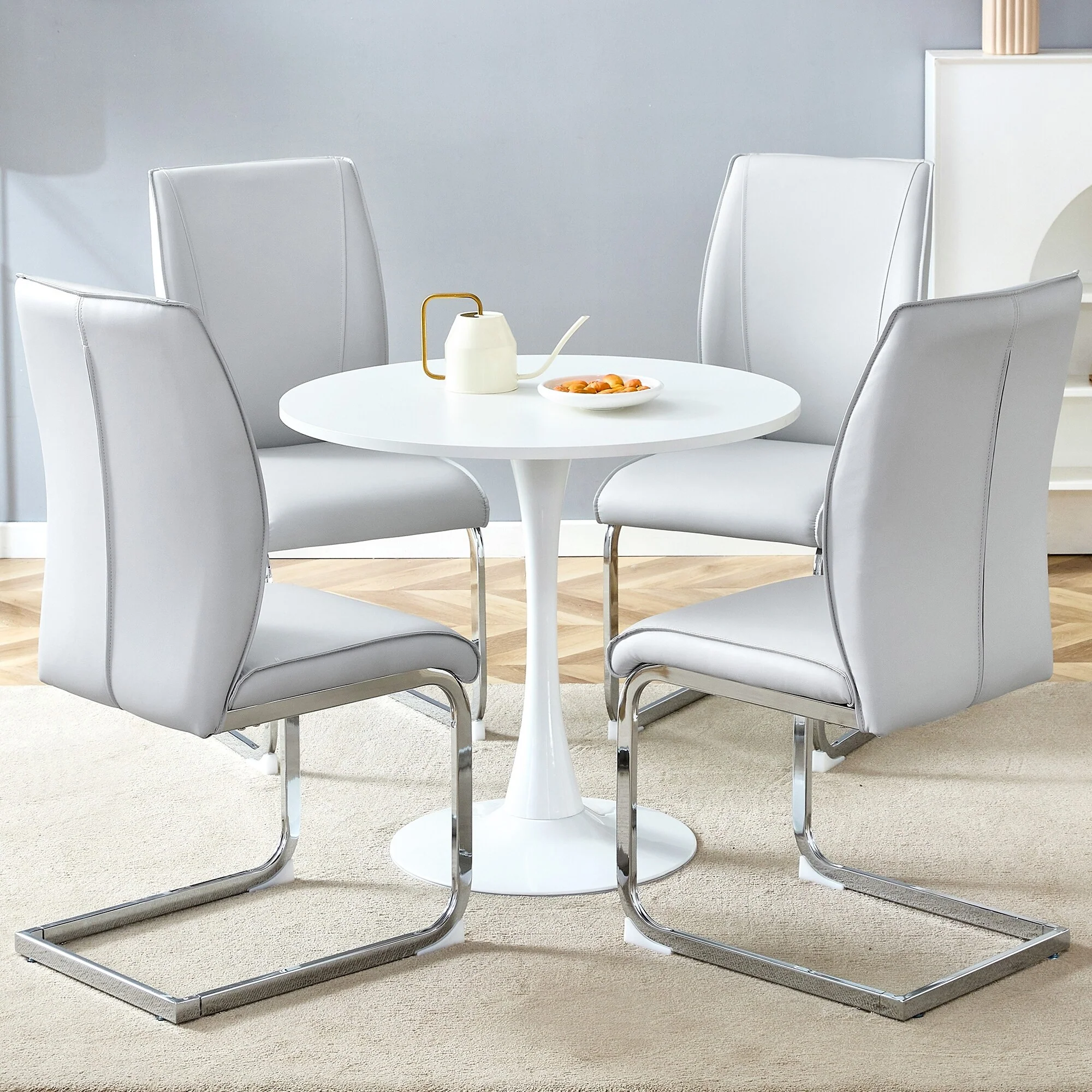 Modern Dining Table Set with Circular White Top, Ergonomic Arched Chairs, Hourglass Metal Legs, Anti-Slip Feet