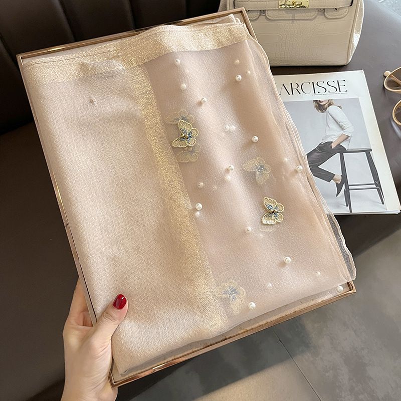 PEACH ACCESSORIES Silk Scarf with Embroidered Butterflies & Pearls