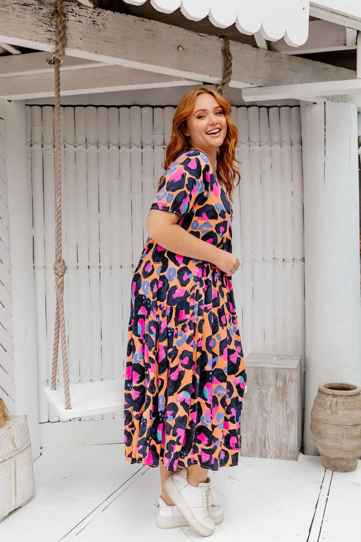 Peak Midi Dress in Sherbie - Peach Leopard by Kasey Rainbow