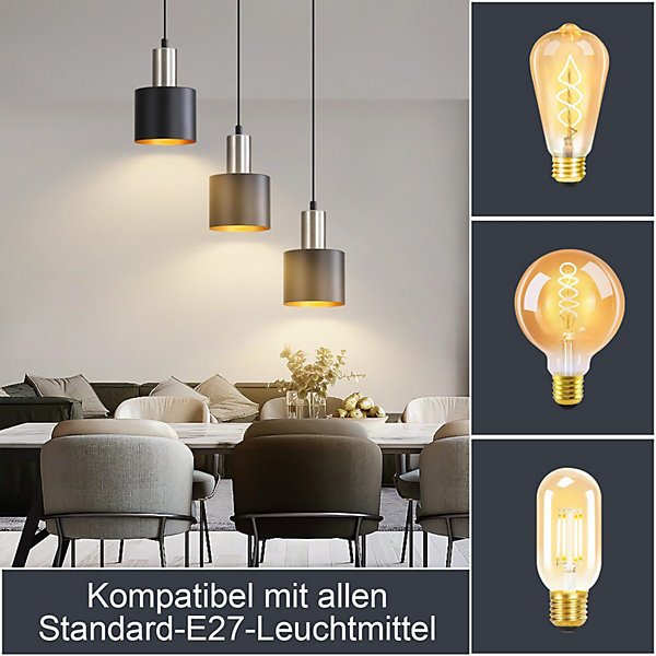 NETTLIFE Suspension Vintage E27 3 Ampoules Noir &Or pour Cuisine