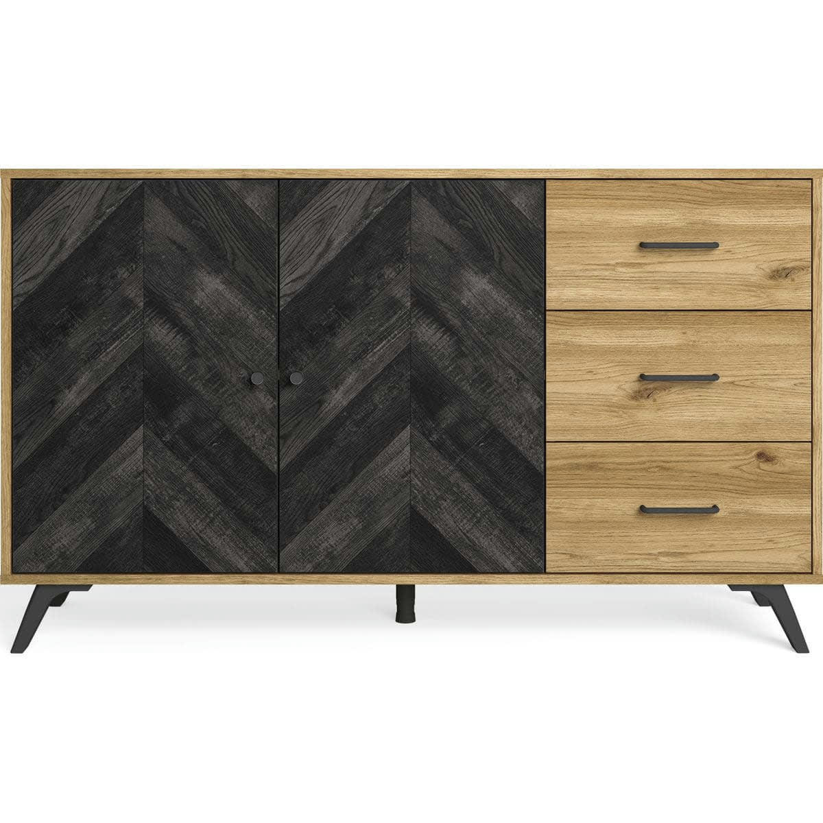 DELIA - Buffet 2 portes 3 tiroirs effet bois noir à chevrons et naturel 136 cm