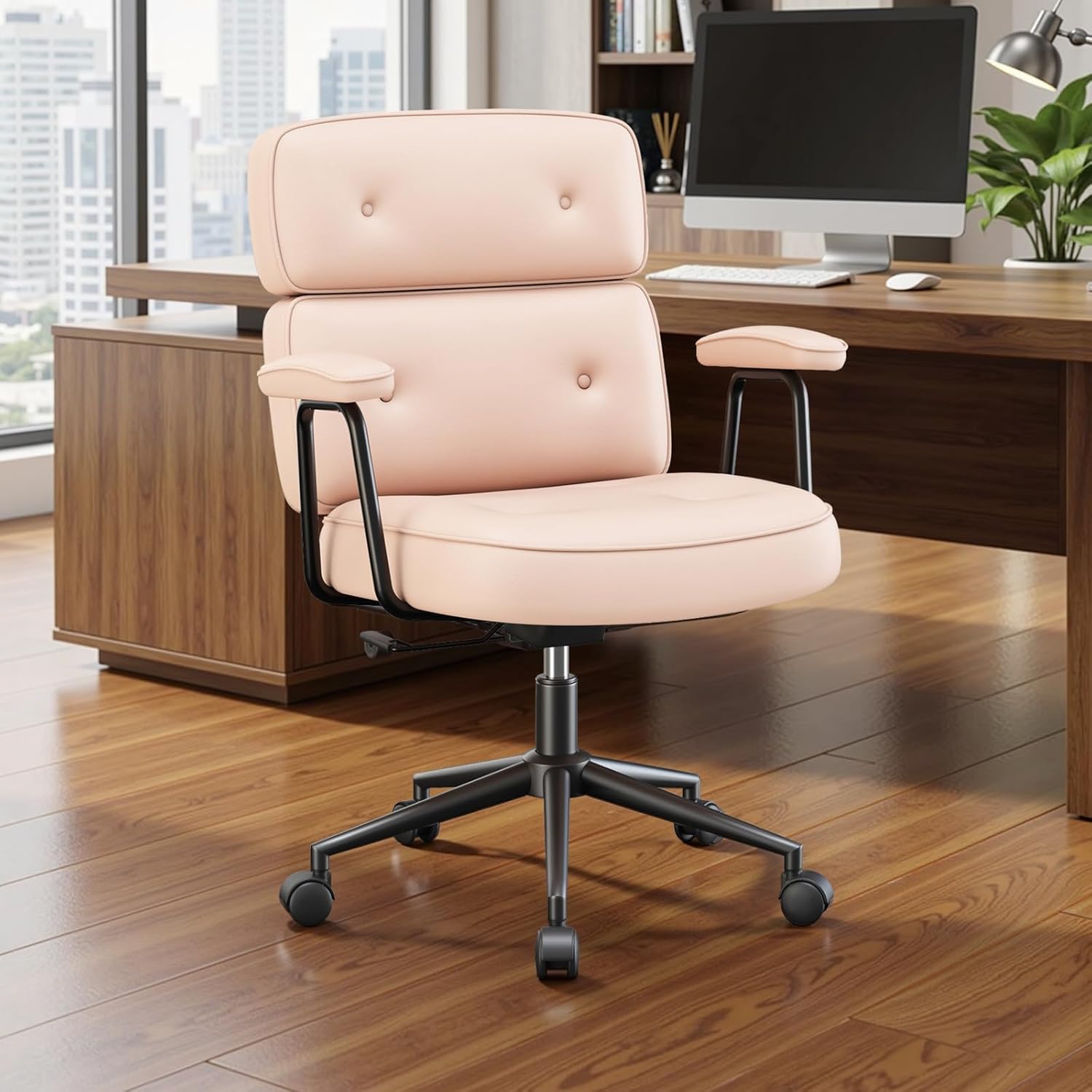 OLIXIS Ergonomic Home Office Desk Chair, PU Leather Computer Chair with Lumbar Support Adjustable Height Rolling Swivel Executive Task Armrests Chair, Hot Pink