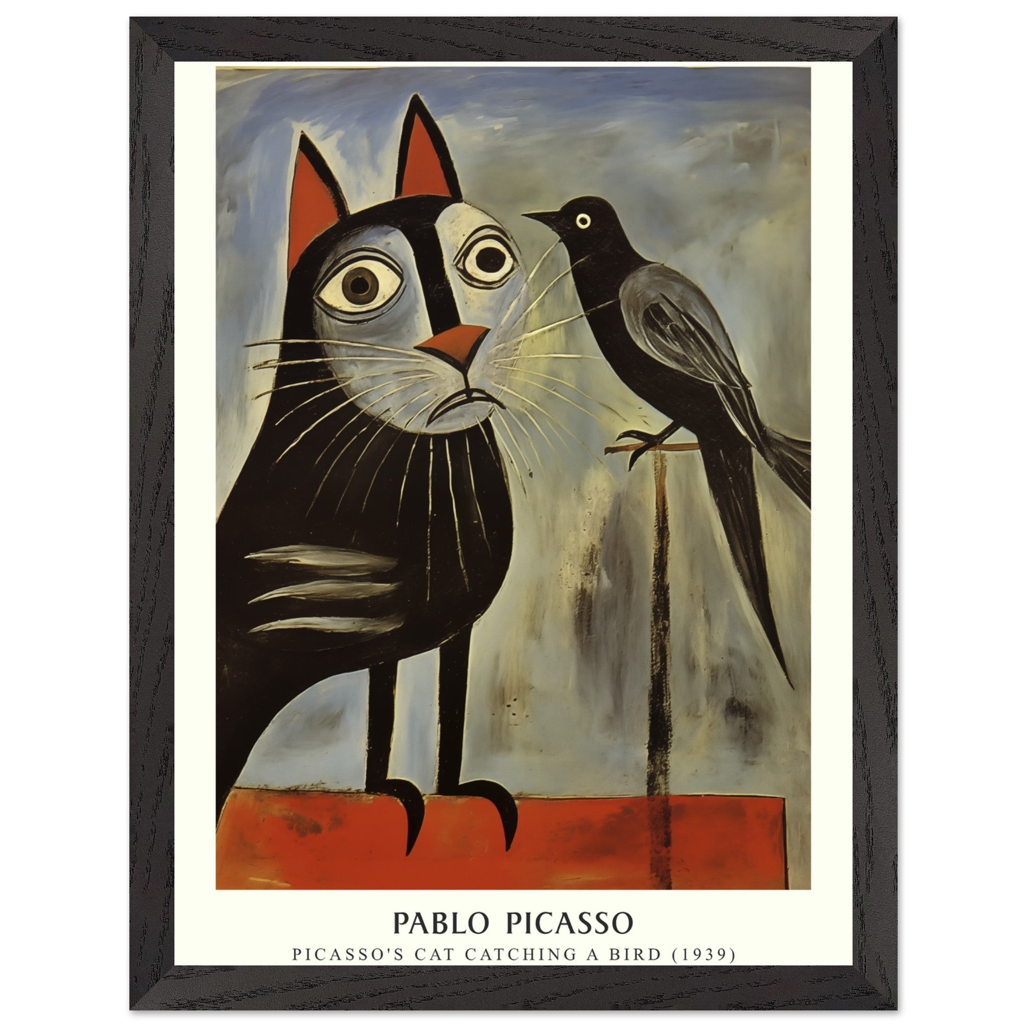 Artfulprints Poster met Lijst Pablo Picasso - Picasso's cat catching a bird  - 30x40 cm - Grijs