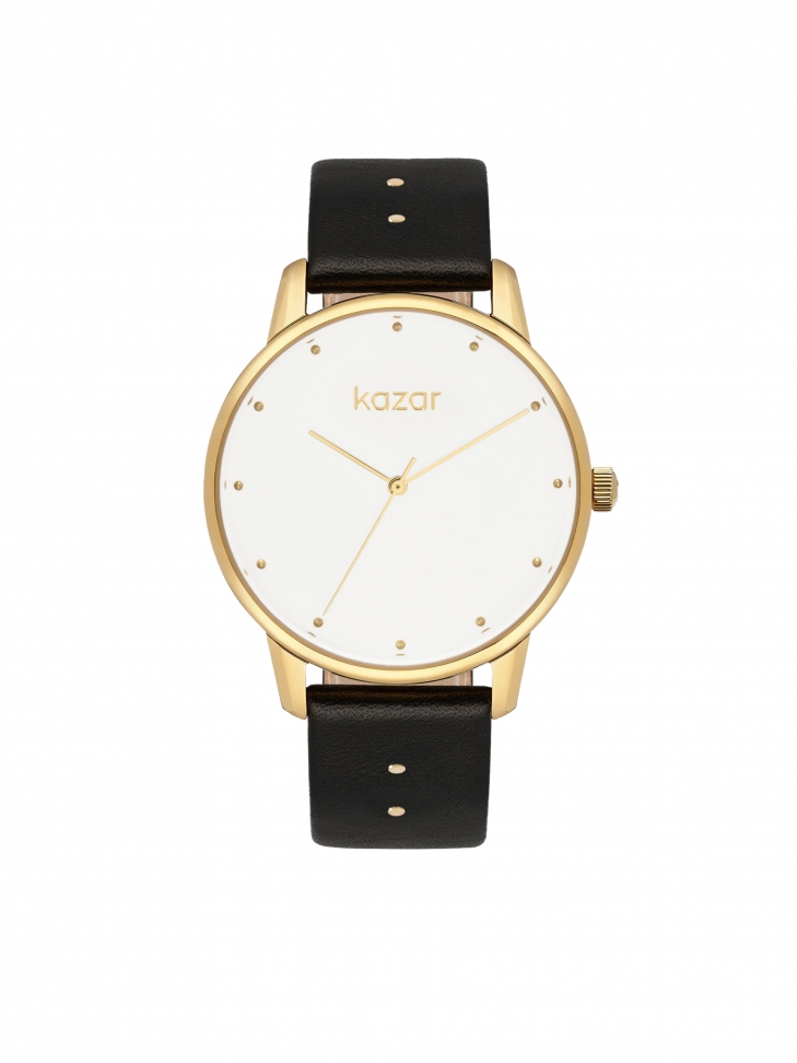 Watch on leather strap with gold envelope and white dial
