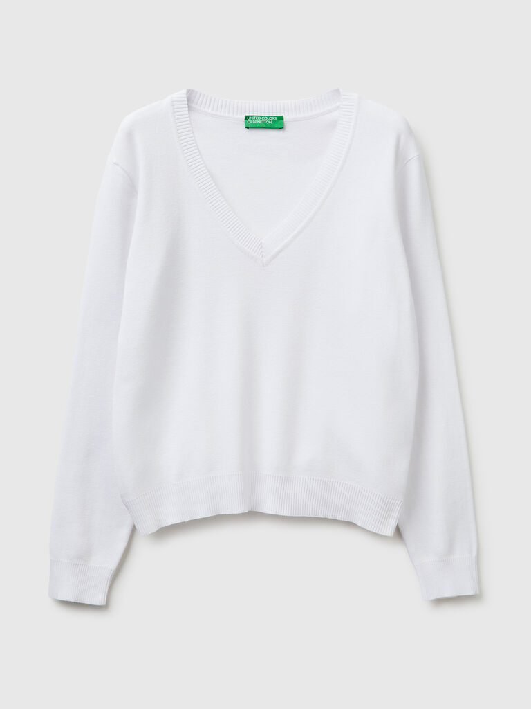 White V-neck sweater in tricot cotton