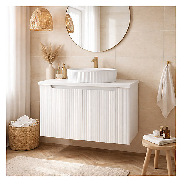 Ensemble VANO blanc 80cm : meuble sous vasque à placards et plan pour vasque blanc et vasque à poser rainurée blanche