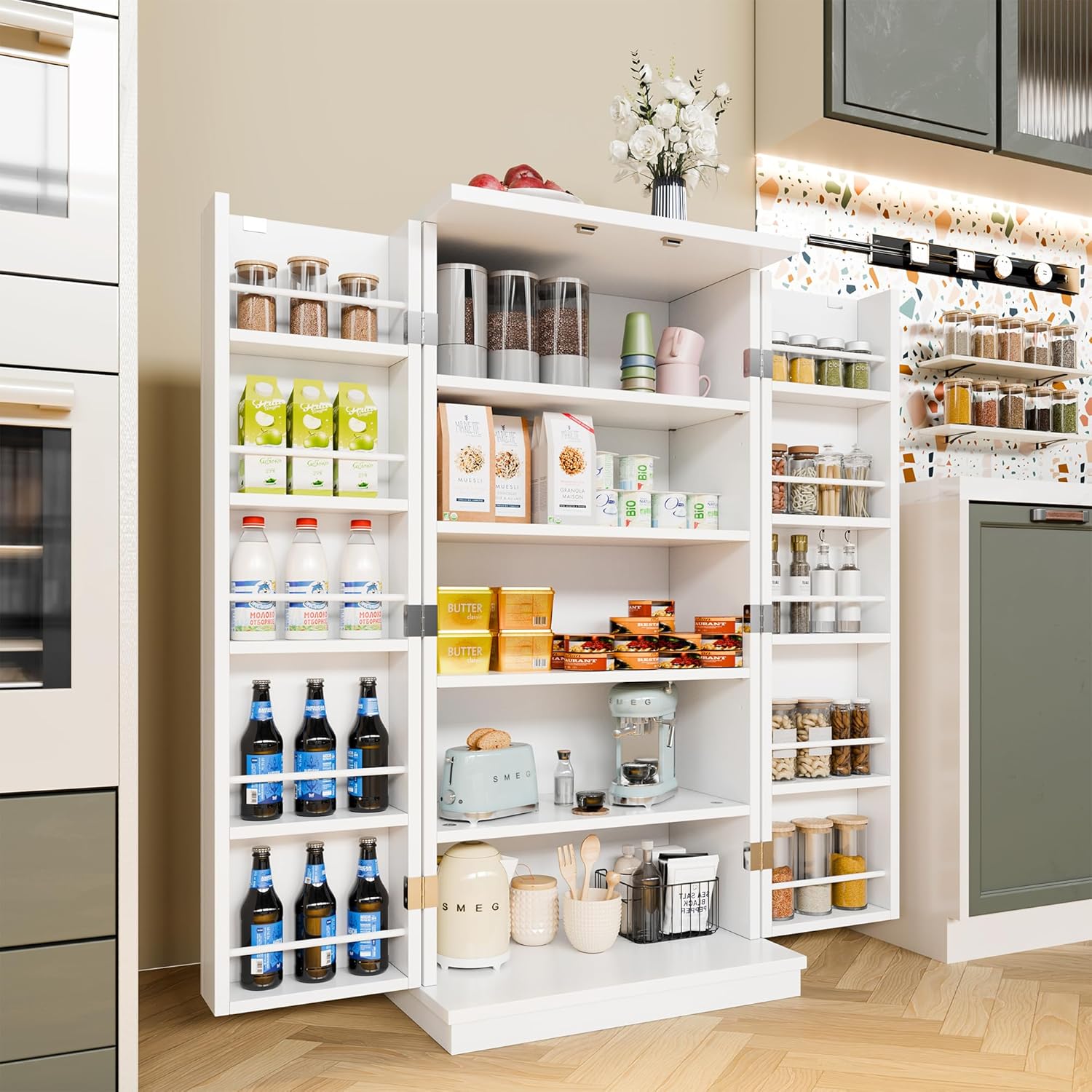 SUNLEI 47 Kitchen Pantry Storage Cabinet, Modern Freestanding Pantry Storage Cabinet with Adjustable Shelves, Buffet Cupboards Storage for Kitchen, Dining Room, White
