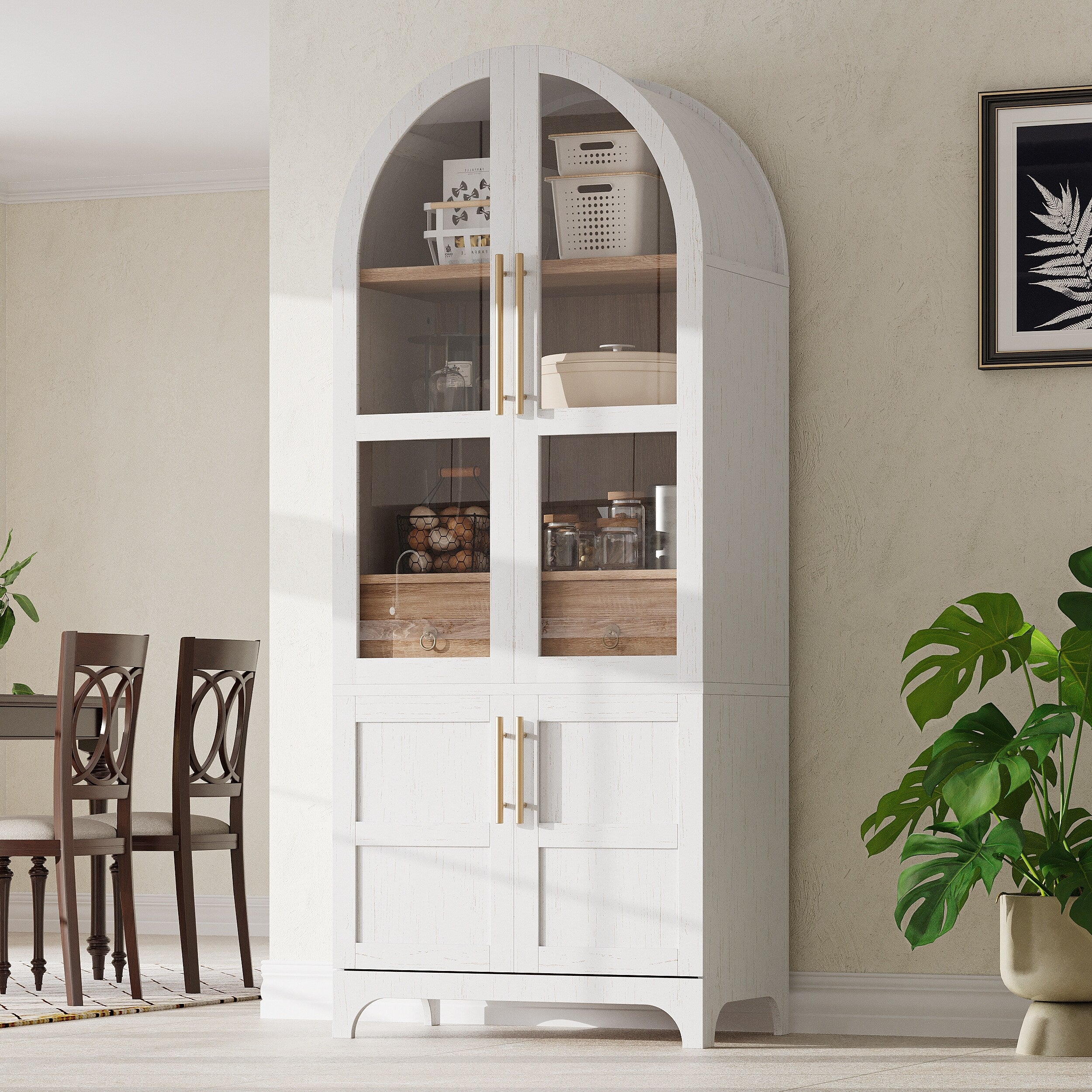 71 Tall Arched Kitchen Pantry Cabinet with Adjustable Shelves and Hidden Drawer for Stylish Storage Solutions