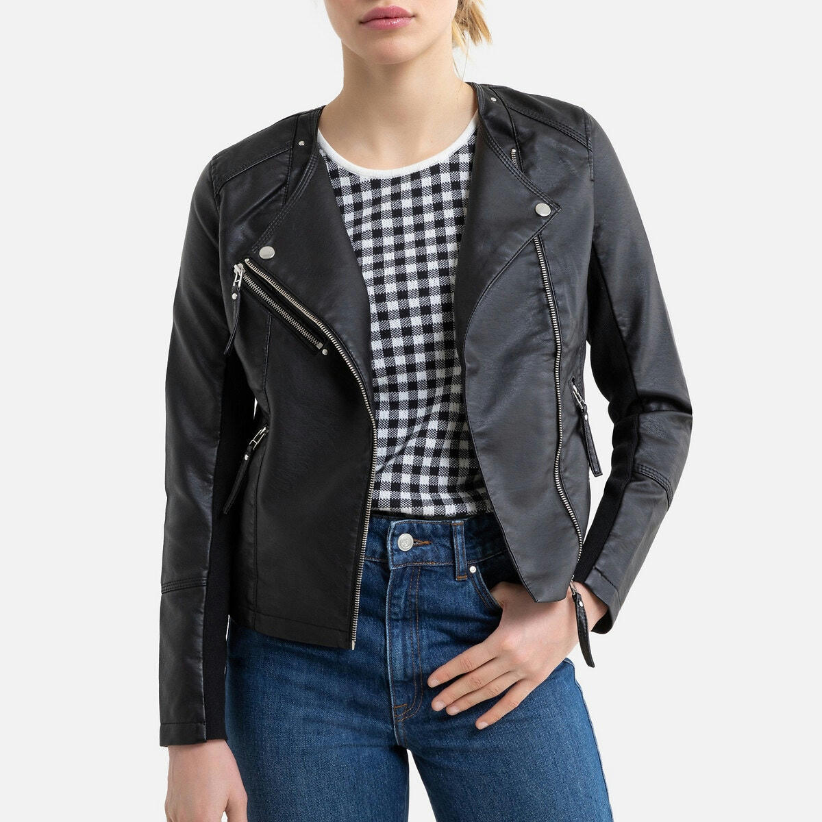 Blouson court imitation cuir, zippé