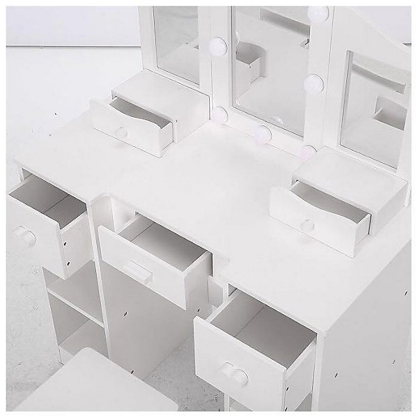 Coiffeuse - PROMIRACAL - Miroir Triple - 99x59x29cm - 2-en-1 - Blanc - Enfant