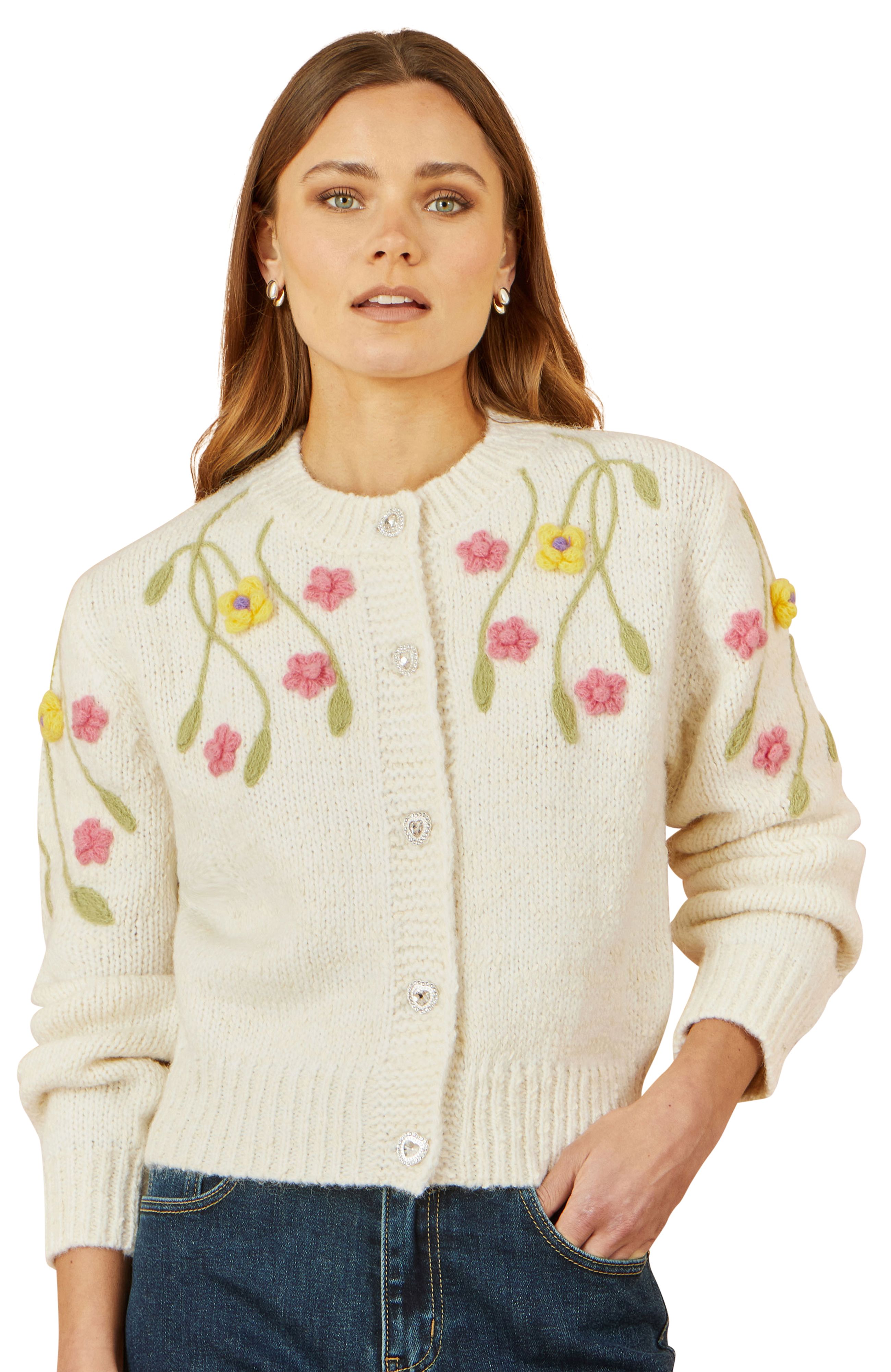 Yumi Beige Flower Embroidered Chunky Knit Cardigan