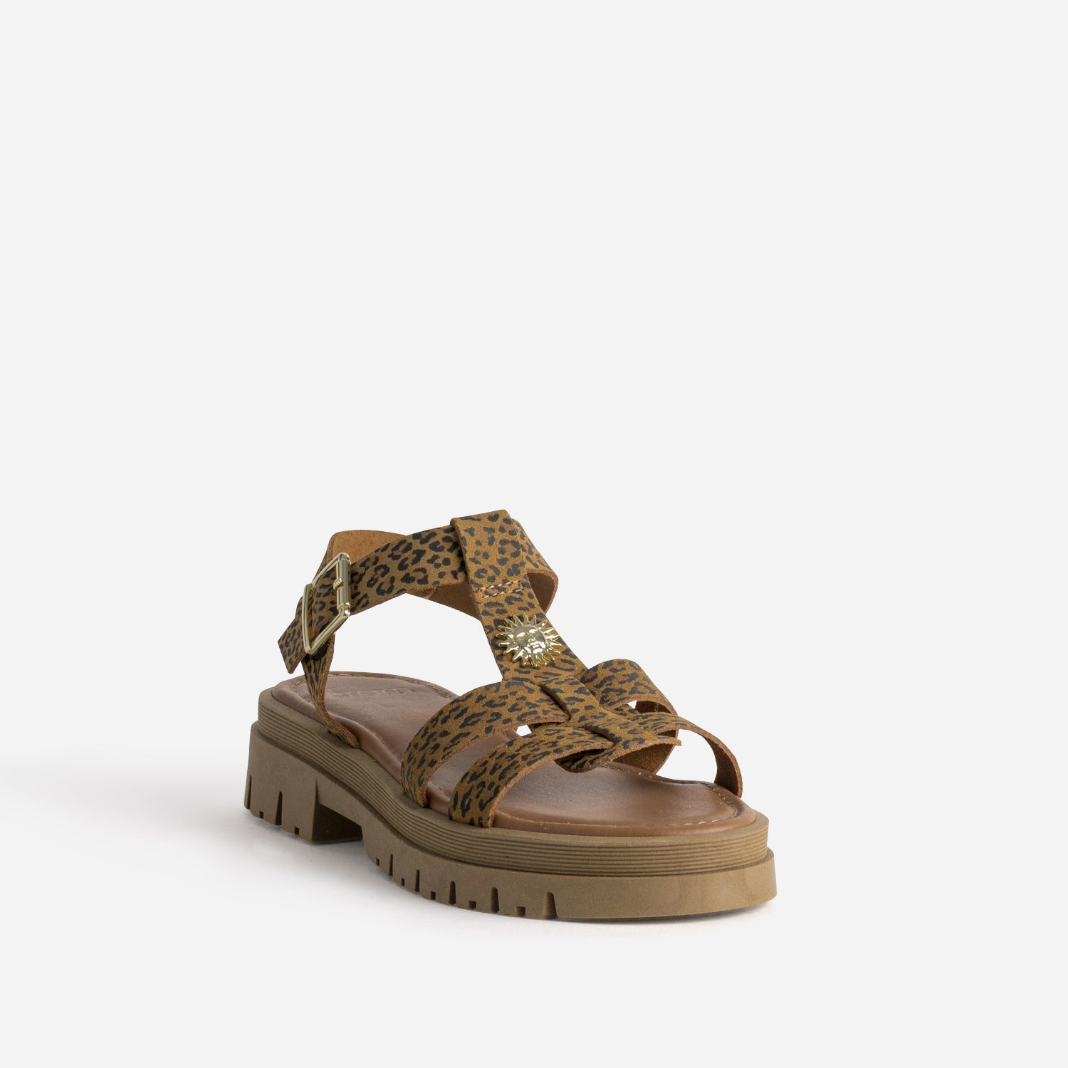 Sandale camel cuir velours motif léopard