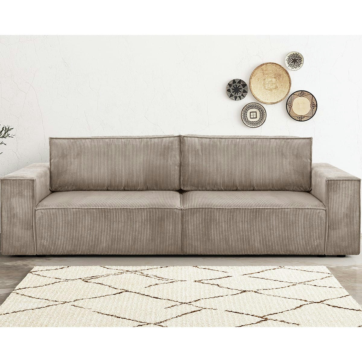 HARPER NEW - Canapé 3 places convertible + coffre en velours côtelé taupe