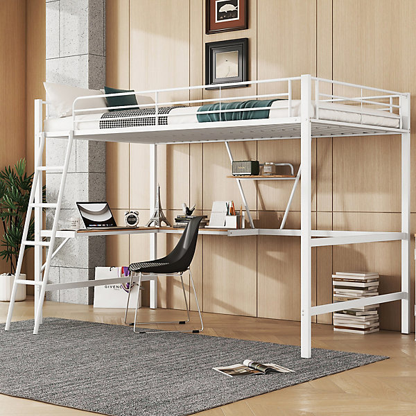 Lit Mezzanine 90 x 200 cm - Lit avec Bureau en L et étagère - Métal   MDF - Sans Matelas - Blanc