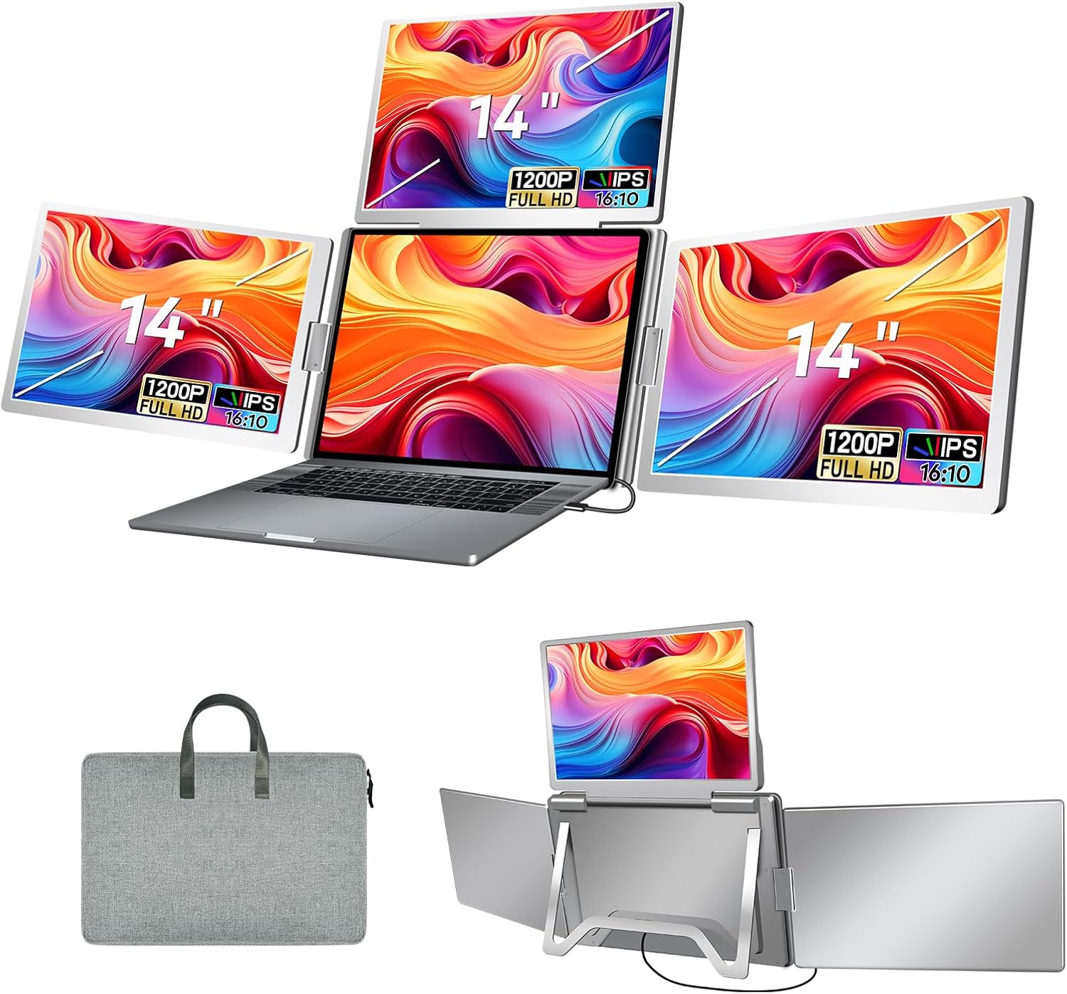 Laptop Screen Extender  FHD 1080P IPS Triple Screen Portable Monitor Extender 12–18.5 inch  Portable Laptop Extended Monitor Compatible with Windows and MacBook (Quad Monitor  14 S780-C)