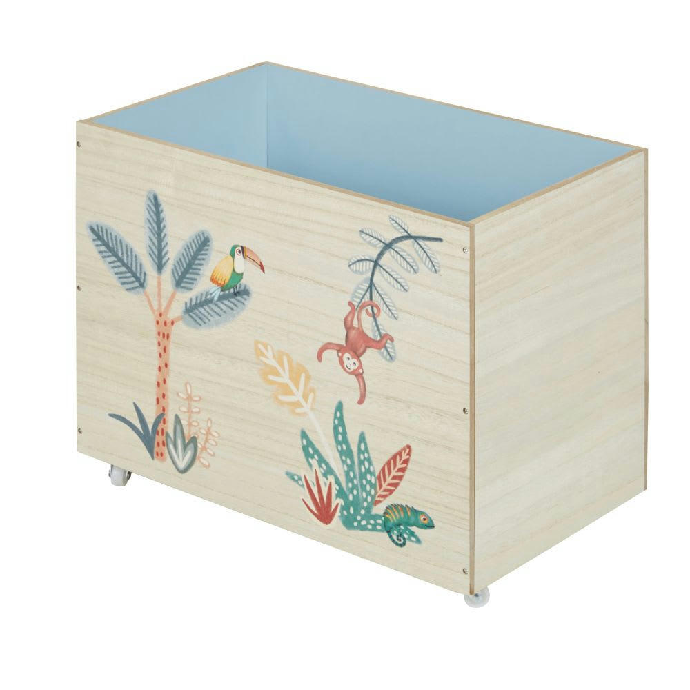 CHAMAREL - Caisse à jouets à roulettes beige avec motifs jungle vert, bleu et jaune