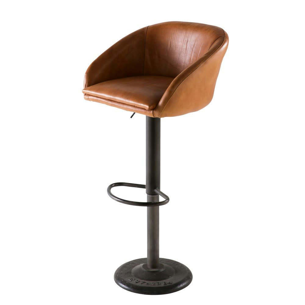 Gama - Chaise de bar industrielle en cuir camel H60/82