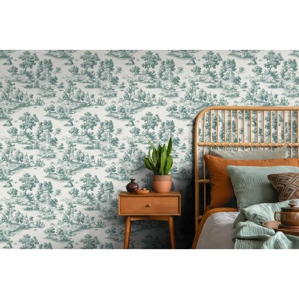 Sanders & Sanders behang toile de jouy print groen - 53 cm x 10 m