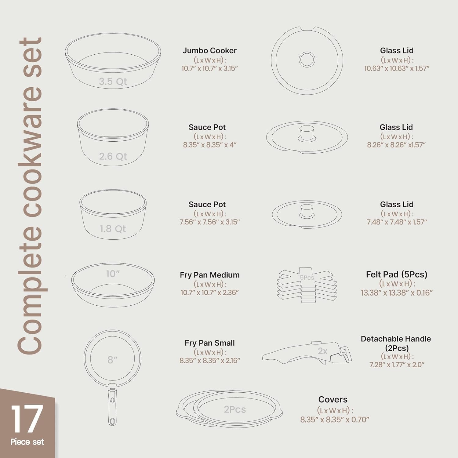 Bakken 17-Piece Ceramic Coated Aluminum Cookware Set, Nonstick Pots and Pans with Lids, Silicone Cooking Utensils & Oven Mitts, All Stovetop Safe Up To 500°F, PTFE & PFAS Free, Dishwasher Safe