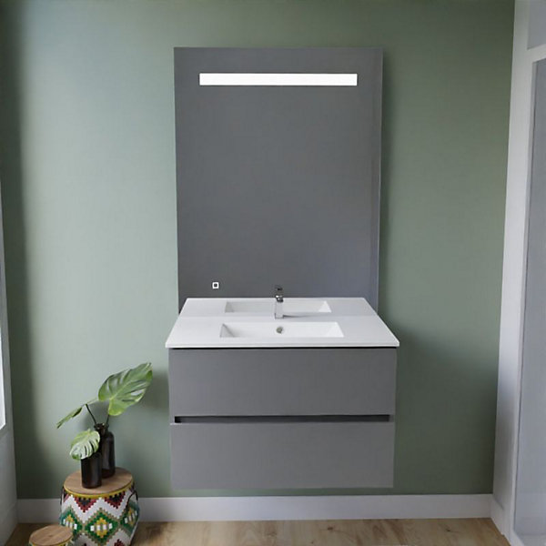 Meuble vasque ROSALY INOX 80 cm   miroir Eleg plus ht105- Gris- Plan vasque en Céramique