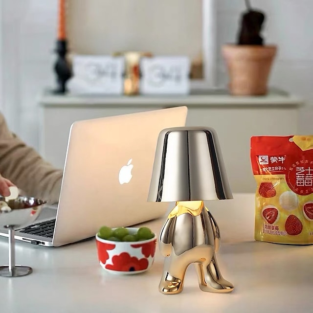Touch LED Table Lamp, Modern Thinker Decorative Lamp LED Rechargeable Desk Lamp,Golden Little Man USB Desk Lamp, Night Light for Bedroom, Study, Living Room, Bedside Table, Bar, Restaurant