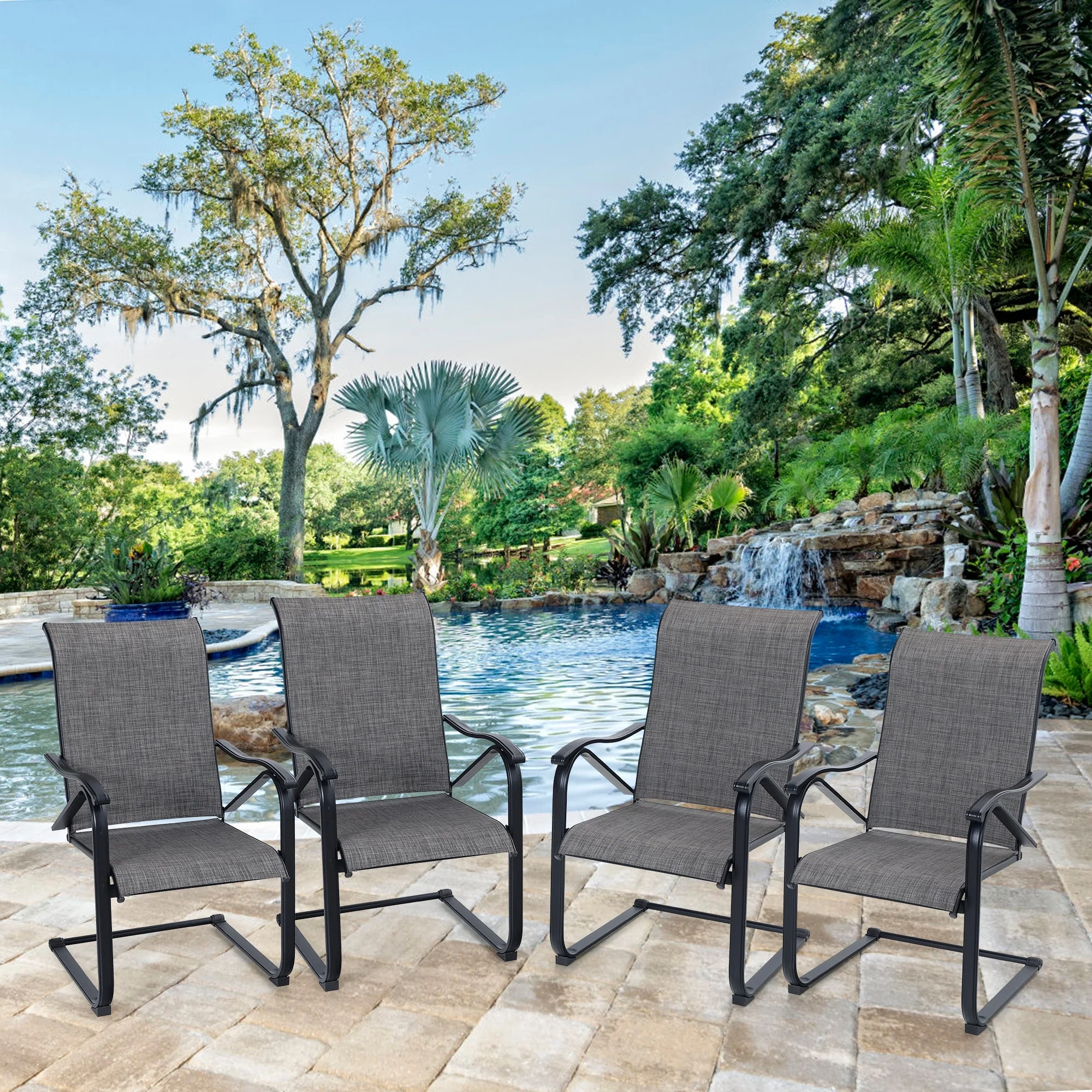 4-piece Outdoor C Spring Rocking Armchair Patio Sling Metal Dining Chairs