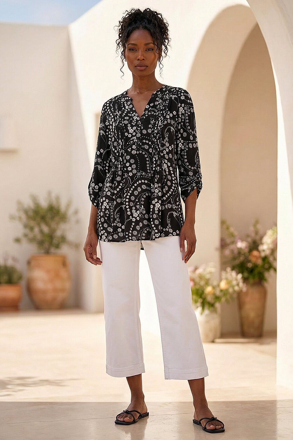 Roman Ditsy Print Pintuck Stretch Shirt
