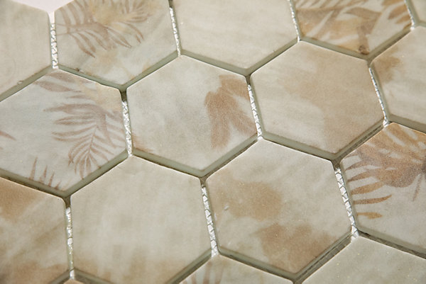 Mosaïque en verre pressé sur filet pour salle de bain et cuisine 43.5cm x 32cm- Botanic Beige Garden Matt